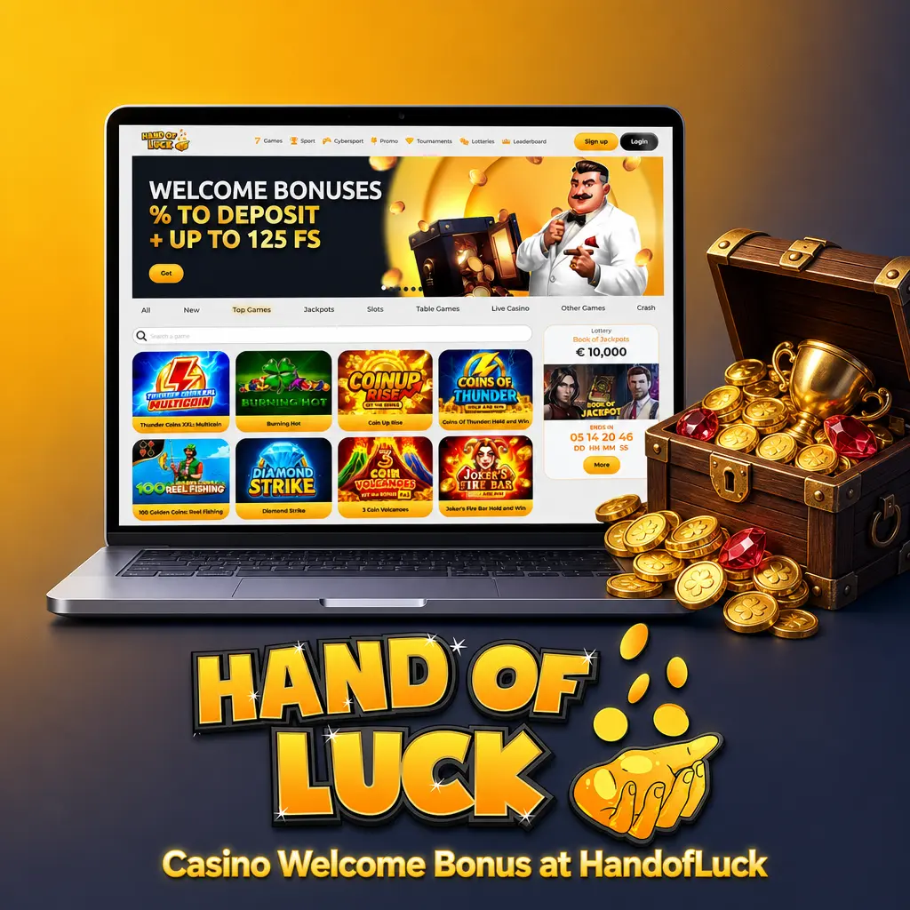 HandofLuck welcome bonus for UK players: four deposit matches up to 1000 EUR each, with free spins on featured slots.