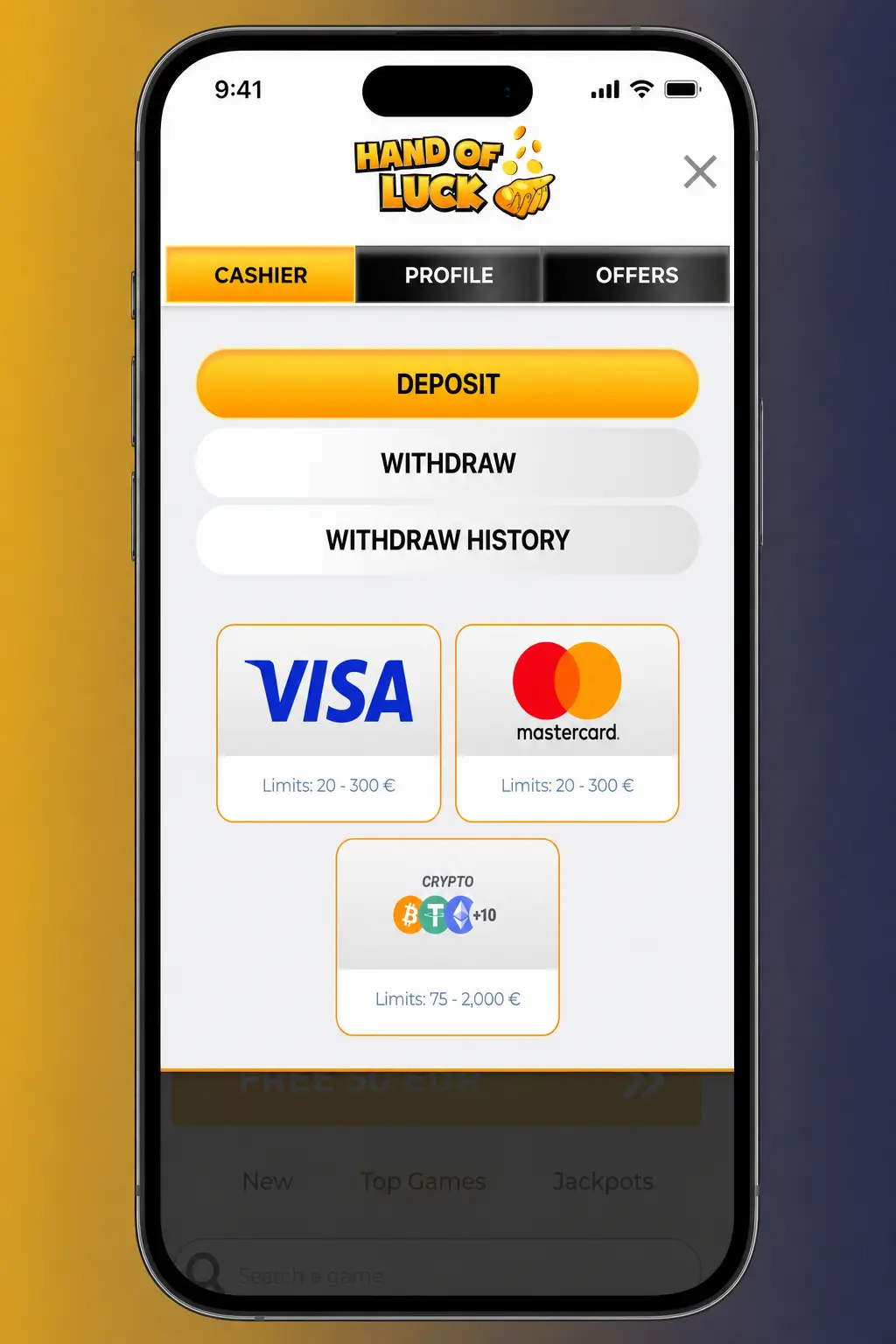 Step-by-step deposit guide screenshot for HandofLuck showing Cashier, payment options, and amount entry for UK users