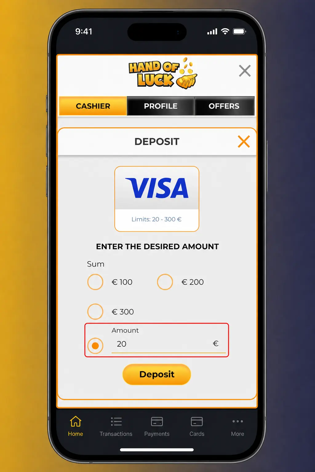 Step-by-step deposit guide screenshot for HandofLuck showing Cashier section and payment method selection for UK users
