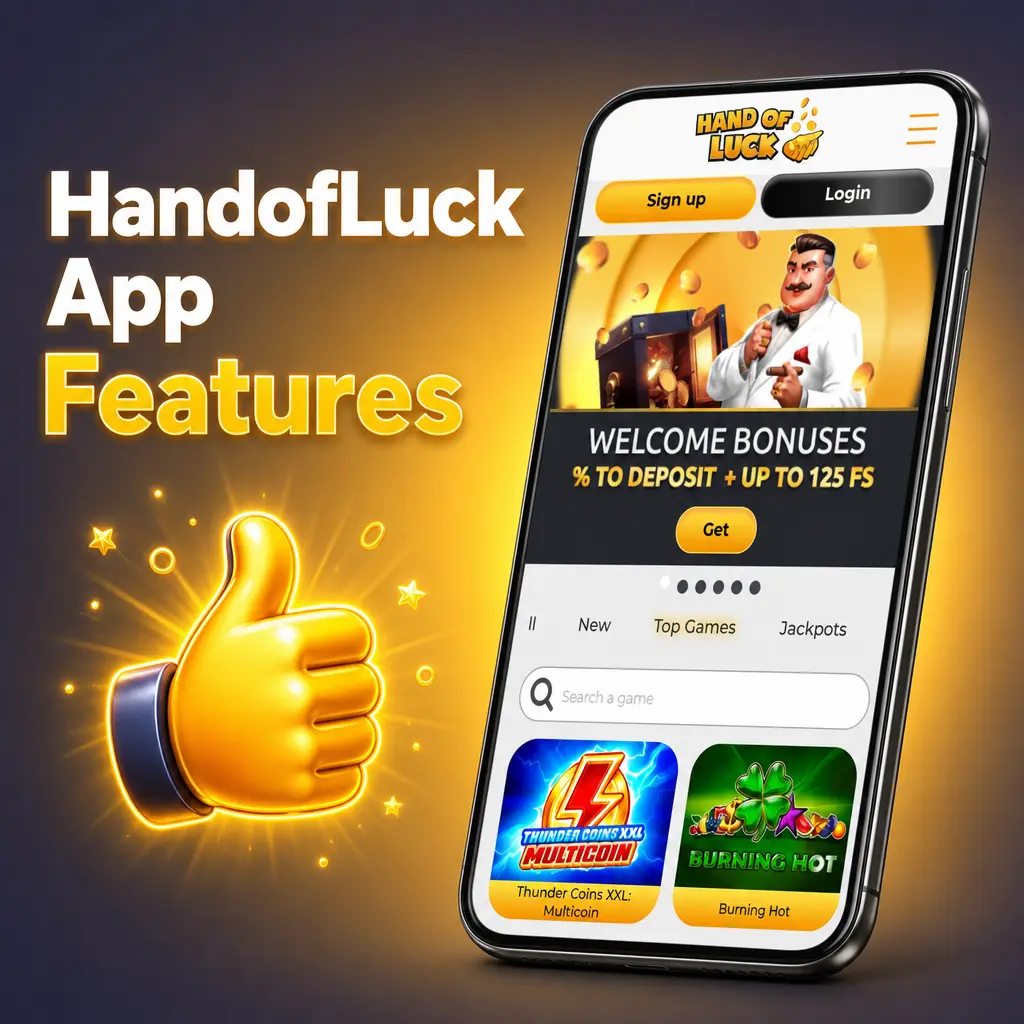HandofLuck app screen showing sportsbook and casino lobby with live odds, search filters, and demo play options.