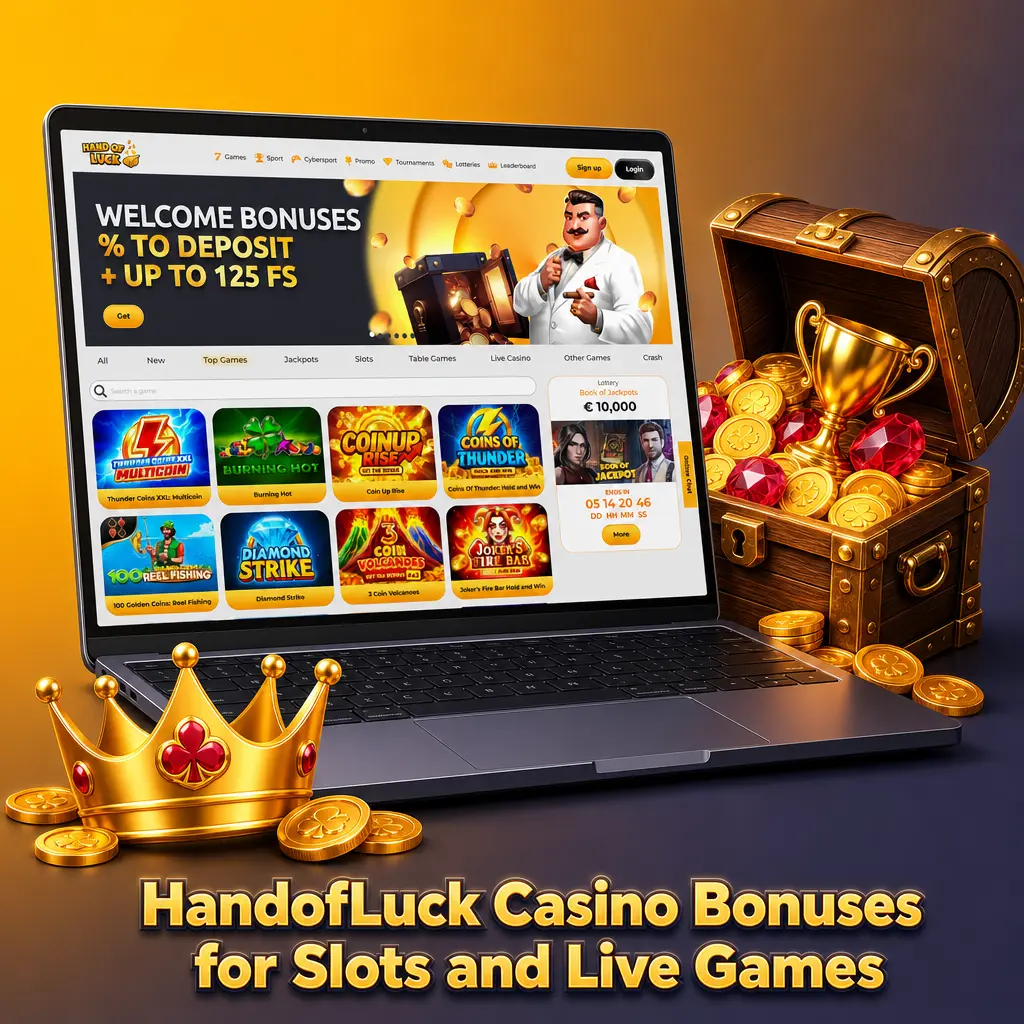 HandofLuck Casino promotions for UK players: Monday reload, Wednesday free spins, live cashback, and slot leaderboard tournament.