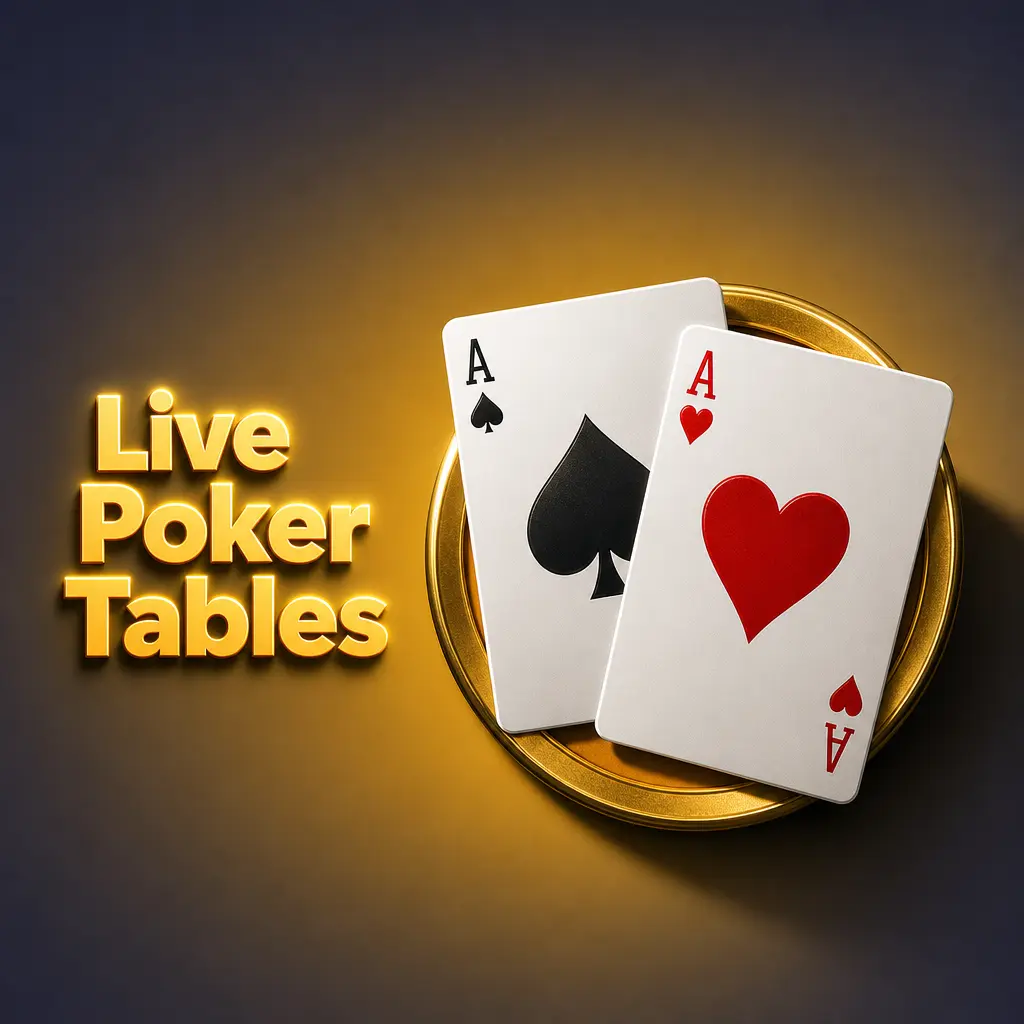 Live poker tables at HandofLuck casino featuring Casino Hold'em, Three Card Poker, Caribbean Stud, and Ultimate Texas Hold'em