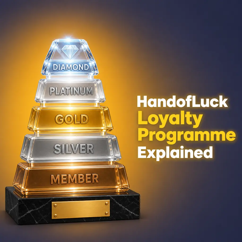 HandofLuck loyalty programme showing 5 tiers Bronze to Diamond with cashback rates and points redemption system