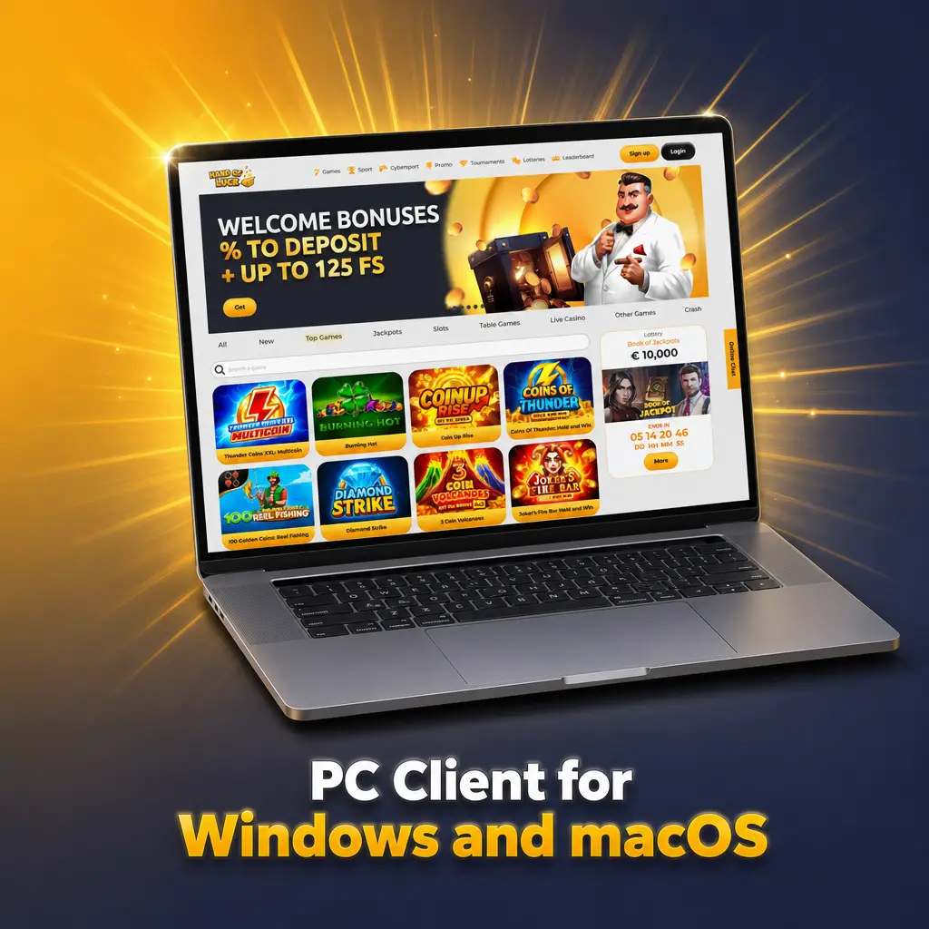 HandofLuck browser-based platform running on a Windows and macOS desktop, no download required