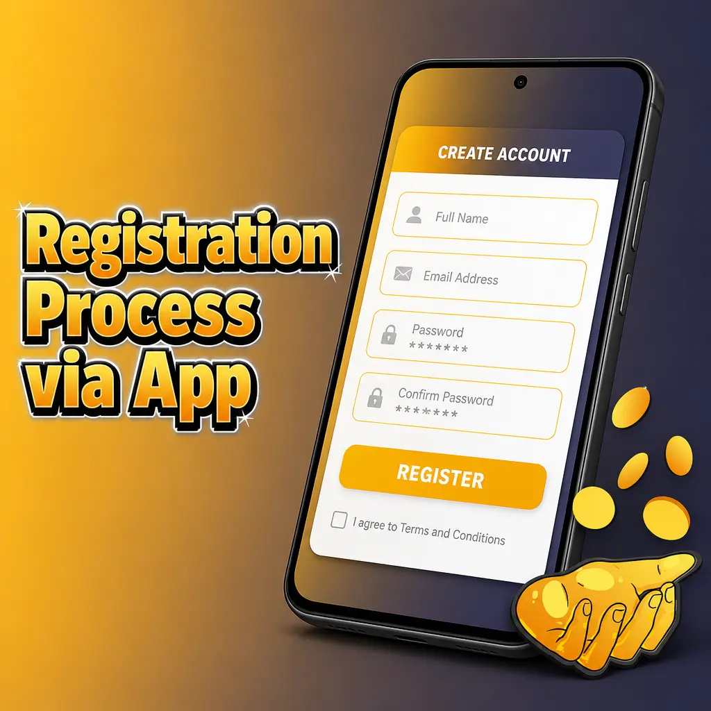 Step-by-step app registration screen showing email, password, currency, and identity fields for HandofLuck sign-up