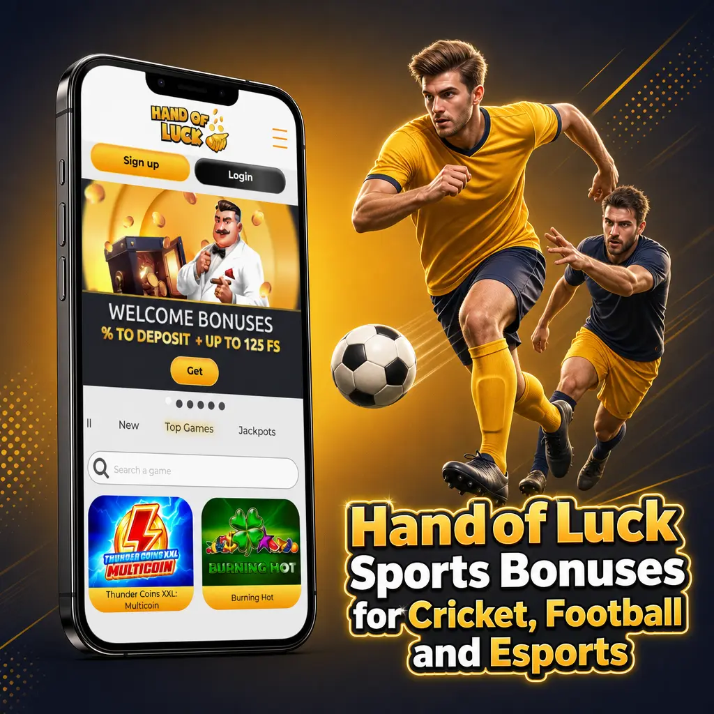 HandofLuck sportsbook promotions: cricket accumulator boost, football risk-free bet, esports free bet, and cricket cash out booster.
