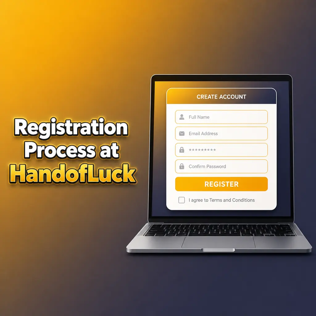 Step-by-step registration process at HandofLuck showing sign-up, verification and bonus claim for new accounts.
