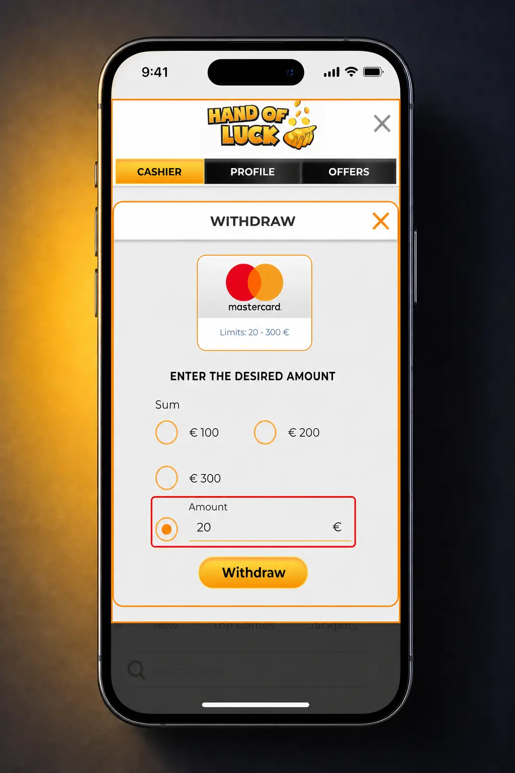 Step-by-step guide to withdrawing money from HandofLuck account via the Cashier withdrawal tab